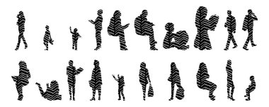 Vektör siluetleri, insanların ana hatları, Contour çizimleri, insanların siluetleri, ikon kümesi izole edilmiş, oturan insanların silueti, mimari set