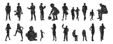 Vektör siluetleri, insanların ana hatları, Contour çizimleri, insanların siluetleri, ikon kümesi izole edilmiş, oturan insanların silueti, mimari set