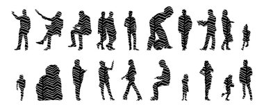Vektör siluetleri, insanların ana hatları, Contour çizimleri, insanların siluetleri, ikon kümesi izole edilmiş, oturan insanların silueti, mimari set
