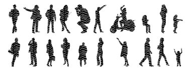 Vektör siluetleri, insanların ana hatları, Contour çizimleri, insanların siluetleri, ikon kümesi izole edilmiş, oturan insanların silueti, mimari set