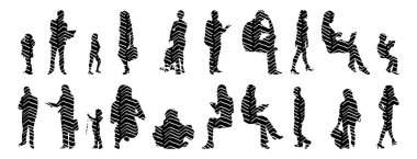 Vektör siluetleri, insanların ana hatları, Contour çizimleri, insanların siluetleri, ikon kümesi izole edilmiş, oturan insanların silueti, mimari set