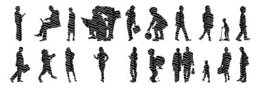 Vektör siluetleri, insanların ana hatları, Contour çizimleri, insanların siluetleri, ikon kümesi izole edilmiş, oturan insanların silueti, mimari set