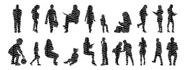 Vektör siluetleri, insanların ana hatları, Contour çizimleri, insanların siluetleri, ikon kümesi izole edilmiş, oturan insanların silueti, mimari set