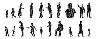 Vektör siluetleri, insanların ana hatları, Contour çizimleri, insanların siluetleri, ikon kümesi izole edilmiş, oturan insanların silueti, mimari set