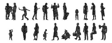 Vektör siluetleri, insanların ana hatları, Contour çizimleri, insanların siluetleri, ikon kümesi izole edilmiş, oturan insanların silueti, mimari set
