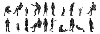 Vektör siluetleri, insanların ana hatları, Contour çizimleri, insanların siluetleri, ikon kümesi izole edilmiş, oturan insanların silueti, mimari set