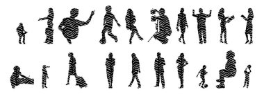 Vektör siluetleri, insanların ana hatları, Contour çizimleri, insanların siluetleri, ikon kümesi izole edilmiş, oturan insanların silueti, mimari set