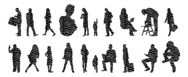 Vektör siluetleri, insanların ana hatları, Contour çizimleri, insanların siluetleri, ikon kümesi izole edilmiş, oturan insanların silueti, mimari set