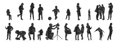 Vektör siluetleri, insanların ana hatları, Contour çizimleri, insanların siluetleri, ikon kümesi izole edilmiş, oturan insanların silueti, mimari set