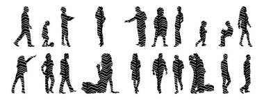 Vektör siluetleri, insanların ana hatları, Contour çizimleri, insanların siluetleri, ikon kümesi izole edilmiş, oturan insanların silueti, mimari set