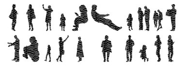 Vektör siluetleri, insanların ana hatları, Contour çizimleri, insanların siluetleri, ikon kümesi izole edilmiş, oturan insanların silueti, mimari set