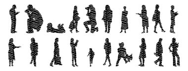 Vektör siluetleri, insanların ana hatları, Contour çizimleri, insanların siluetleri, ikon kümesi izole edilmiş, oturan insanların silueti, mimari set