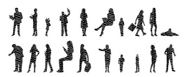 Vektör siluetleri, insanların ana hatları, Contour çizimleri, insanların siluetleri, ikon kümesi izole edilmiş, oturan insanların silueti, mimari set