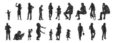 Vektör siluetleri, insanların ana hatları, Contour çizimleri, insanların siluetleri, ikon kümesi izole edilmiş, oturan insanların silueti, mimari set