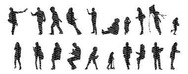 Vektör siluetleri, insanların ana hatları, Contour çizimleri, insanların siluetleri, ikon kümesi izole edilmiş, oturan insanların silueti, mimari set