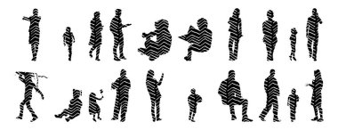 Vektör siluetleri, insanların ana hatları, Contour çizimleri, insanların siluetleri, ikon kümesi izole edilmiş, oturan insanların silueti, mimari set