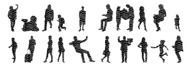 Vektör siluetleri, insanların ana hatları, Contour çizimleri, insanların siluetleri, ikon kümesi izole edilmiş, oturan insanların silueti, mimari set