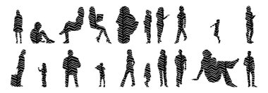 Vektör siluetleri, insanların ana hatları, Contour çizimleri, insanların siluetleri, ikon kümesi izole edilmiş, oturan insanların silueti, mimari set