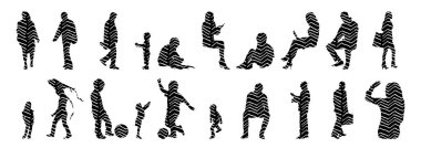 Vektör siluetleri, insanların ana hatları, Contour çizimleri, insanların siluetleri, ikon kümesi izole edilmiş, oturan insanların silueti, mimari set