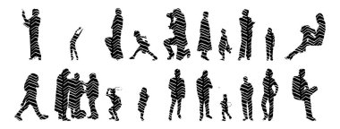 Vektör siluetleri, insanların ana hatları, Contour çizimleri, insanların siluetleri, ikon kümesi izole edilmiş, oturan insanların silueti, mimari set