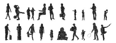 Vektör siluetleri, insanların ana hatları, Contour çizimleri, insanların siluetleri, ikon kümesi izole edilmiş, oturan insanların silueti, mimari set