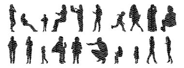 Vektör siluetleri, insanların ana hatları, Contour çizimleri, insanların siluetleri, ikon kümesi izole edilmiş, oturan insanların silueti, mimari set