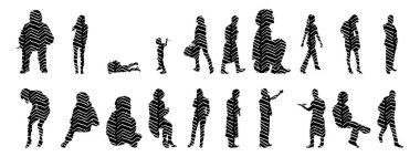 Vektör siluetleri, insanların ana hatları, Contour çizimleri, insanların siluetleri, ikon kümesi izole edilmiş, oturan insanların silueti, mimari set