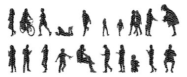 Vektör siluetleri, insanların ana hatları, Contour çizimleri, insanların siluetleri, ikon kümesi izole edilmiş, oturan insanların silueti, mimari set