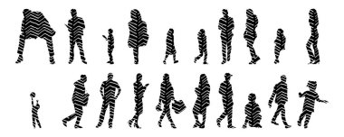 Vektör siluetleri, insanların ana hatları, Contour çizimleri, insanların siluetleri, ikon kümesi izole edilmiş, oturan insanların silueti, mimari set