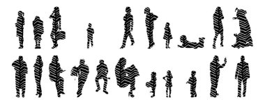 Vektör siluetleri, insanların ana hatları, Contour çizimleri, insanların siluetleri, ikon kümesi izole edilmiş, oturan insanların silueti, mimari set