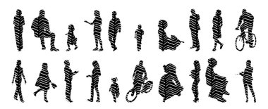 Vektör siluetleri, insanların ana hatları, Contour çizimleri, insanların siluetleri, ikon kümesi izole edilmiş, oturan insanların silueti, mimari set