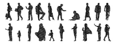 Vektör siluetleri, insanların ana hatları, Contour çizimleri, insanların siluetleri, ikon kümesi izole edilmiş, oturan insanların silueti, mimari set