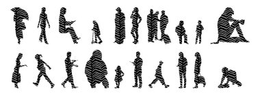 Vektör siluetleri, insanların ana hatları, Contour çizimleri, insanların siluetleri, ikon kümesi izole edilmiş, oturan insanların silueti, mimari set