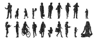 Vektör siluetleri, insanların ana hatları, Contour çizimleri, insanların siluetleri, ikon kümesi izole edilmiş, oturan insanların silueti, mimari set