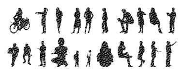 Vektör siluetleri, insanların ana hatları, Contour çizimleri, insanların siluetleri, ikon kümesi izole edilmiş, oturan insanların silueti, mimari set