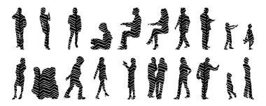 Vektör siluetleri, insanların ana hatları, Contour çizimleri, insanların siluetleri, ikon kümesi izole edilmiş, oturan insanların silueti, mimari set