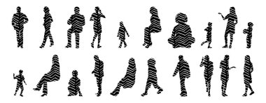 Vektör siluetleri, insanların ana hatları, Contour çizimleri, insanların siluetleri, ikon kümesi izole edilmiş, oturan insanların silueti, mimari set