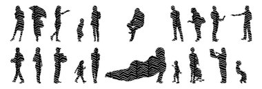 Vektör siluetleri, insanların ana hatları, Contour çizimleri, insanların siluetleri, ikon kümesi izole edilmiş, oturan insanların silueti, mimari set