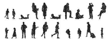 Vektör siluetleri, insanların ana hatları, Contour çizimleri, insanların siluetleri, ikon kümesi izole edilmiş, oturan insanların silueti, mimari set