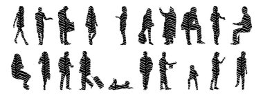 Vektör siluetleri, insanların ana hatları, Contour çizimleri, insanların siluetleri, ikon kümesi izole edilmiş, oturan insanların silueti, mimari set