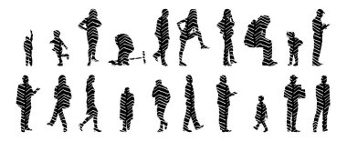 Vektör siluetleri, insanların ana hatları, Contour çizimleri, insanların siluetleri, ikon kümesi izole edilmiş, oturan insanların silueti, mimari set