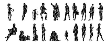 Vektör siluetleri, insanların ana hatları, Contour çizimleri, insanların siluetleri, ikon kümesi izole edilmiş, oturan insanların silueti, mimari set