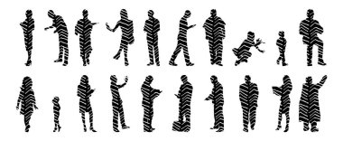 Vektör siluetleri, insanların ana hatları, Contour çizimleri, insanların siluetleri, ikon kümesi izole edilmiş, oturan insanların silueti, mimari set