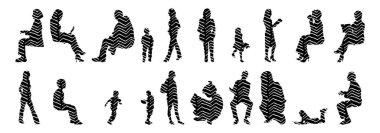 Vektör siluetleri, insanların ana hatları, Contour çizimleri, insanların siluetleri, ikon kümesi izole edilmiş, oturan insanların silueti, mimari set