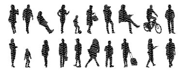 Vektör siluetleri, insanların ana hatları, Contour çizimleri, insanların siluetleri, ikon kümesi izole edilmiş, oturan insanların silueti, mimari set