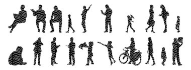 Vektör siluetleri, insanların ana hatları, Contour çizimleri, insanların siluetleri, ikon kümesi izole edilmiş, oturan insanların silueti, mimari set