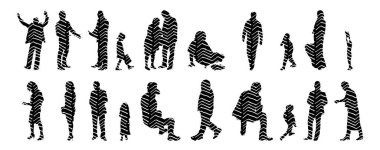 Vektör siluetleri, insanların ana hatları, Contour çizimleri, insanların siluetleri, ikon kümesi izole edilmiş, oturan insanların silueti, mimari set