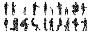 Vektör siluetleri, insanların ana hatları, Contour çizimleri, insanların siluetleri, ikon kümesi izole edilmiş, oturan insanların silueti, mimari set