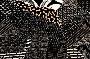 Soyut siyah konturlar, el vektör desen çizdi. Geometrik tarzı Retro soyut desen. Soyut çok renkli geometrik desen.