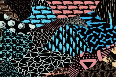 Soyut siyah konturlar, el vektör desen çizdi. Geometrik tarzı Retro soyut desen. Soyut çok renkli geometrik desen.